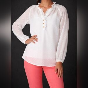 Lilly Pulitzer Sheer White Ruffle Logo Gold Buttons Swiss Dot Blouse XS